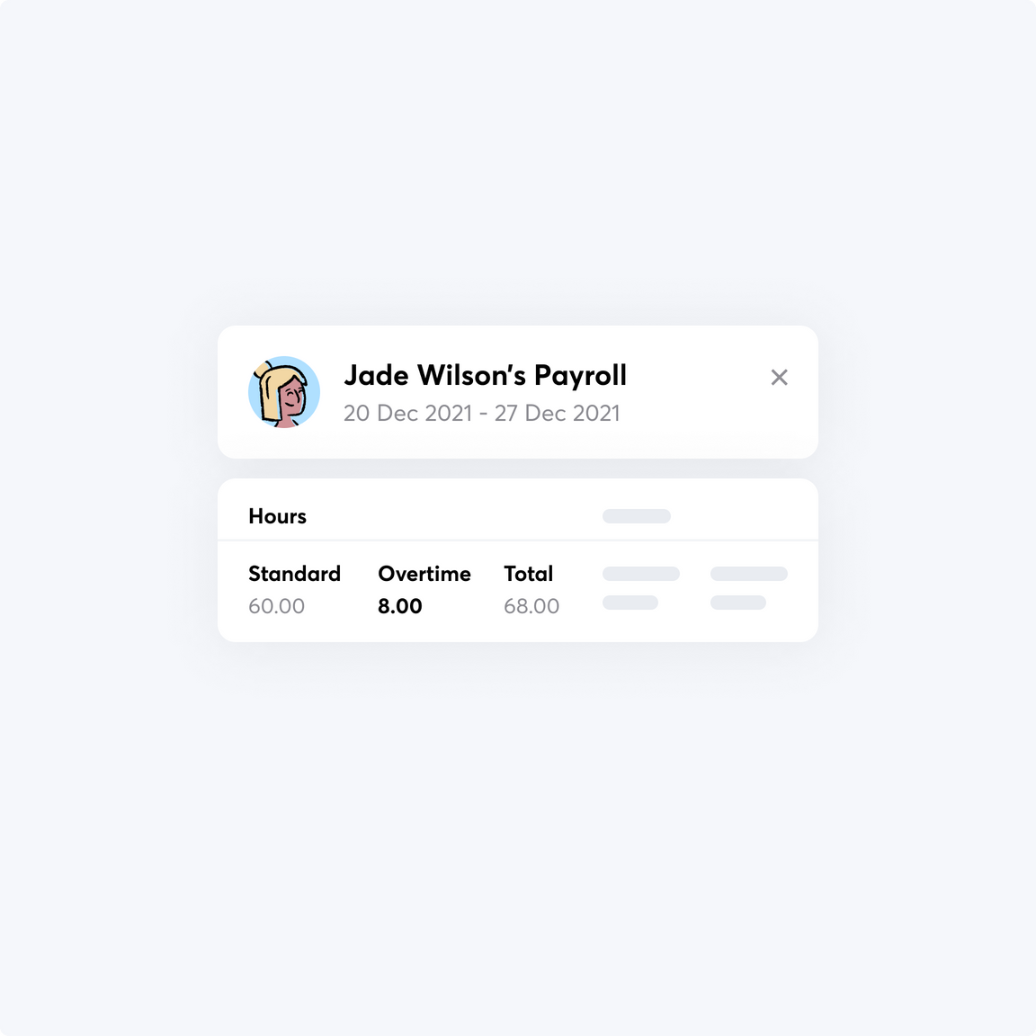 An employee's payroll record in RotaCloud with standard hours, overtime, and total.