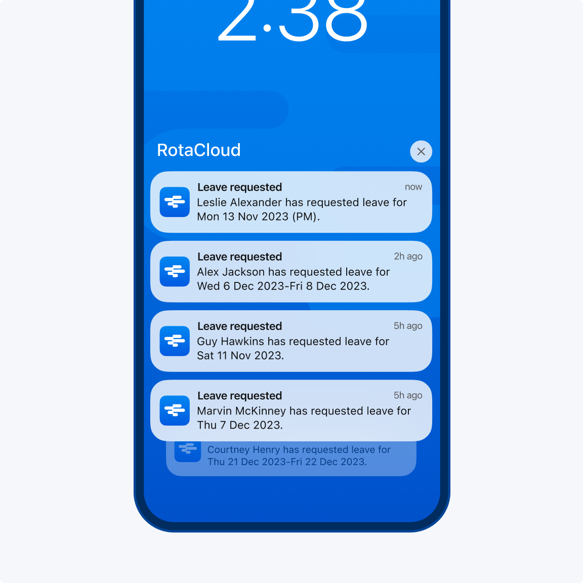 Selection of push notifications received by employees in RotaCloud showing open shift and clock out reminders, and a shift swap request.