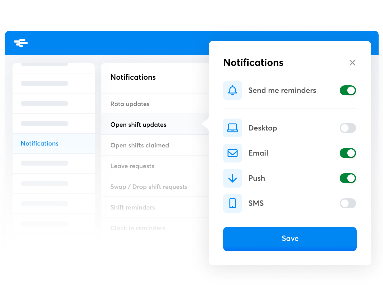 A notifications menu in RotaCloud showing toggles for desktop, email, push and SMS notifications.