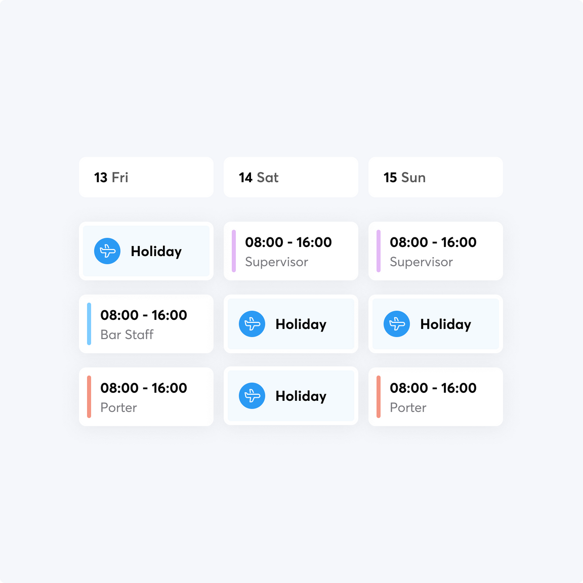 Section of a rota with holidays marked with blue plane icons.
