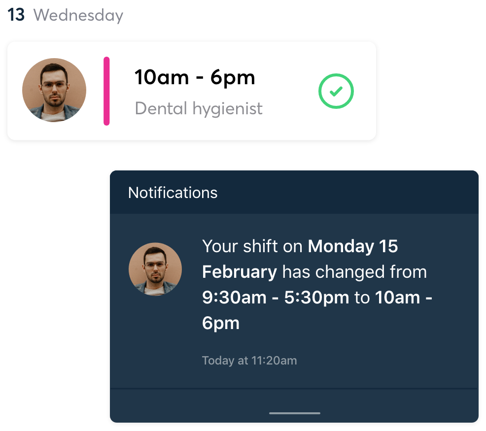 Push notification in RotaCloud showing changed shift time