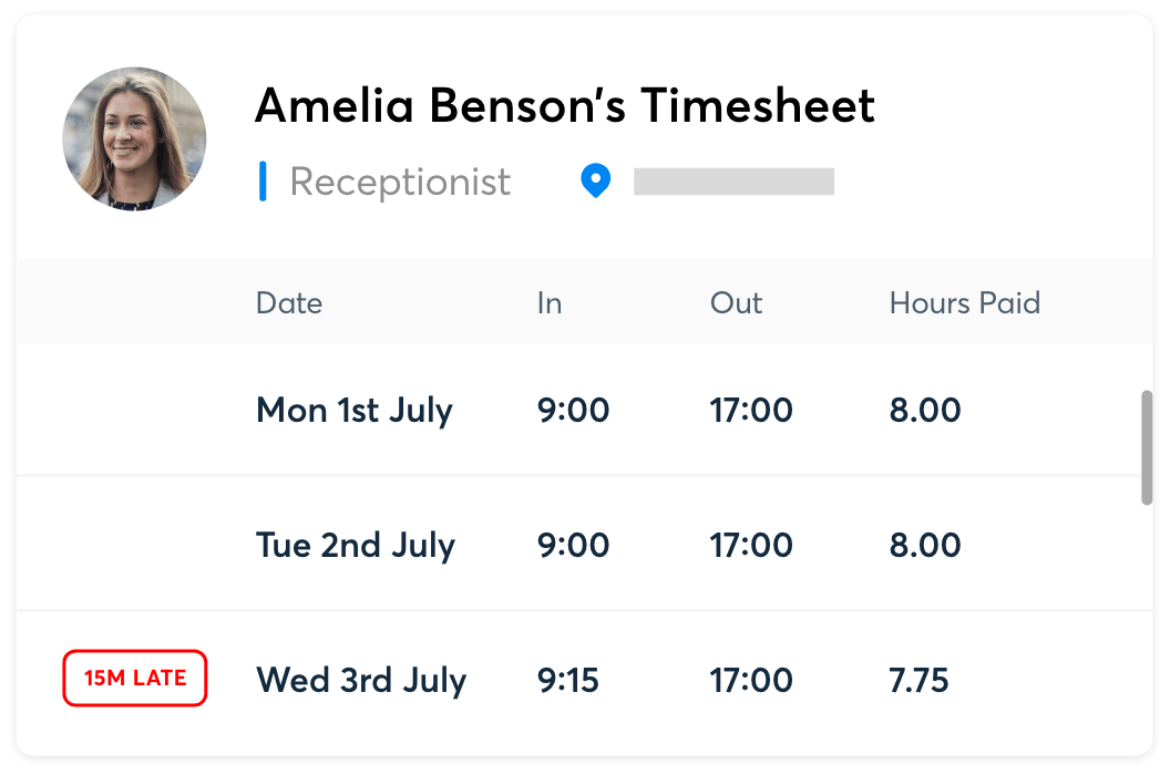 Receptionist’s timesheet screenshot in RotaCoud