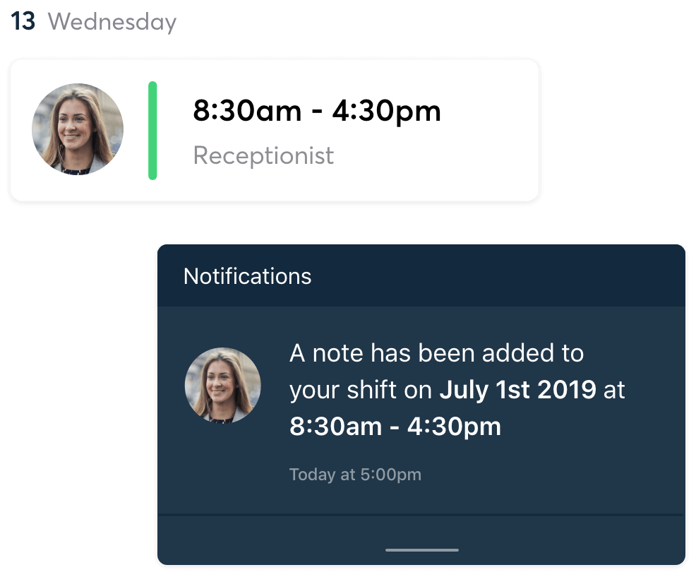 Push notification of a note added to a shift
