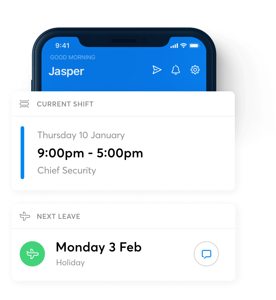 RotaCloud smartphone app showing current shift and upcoming leave